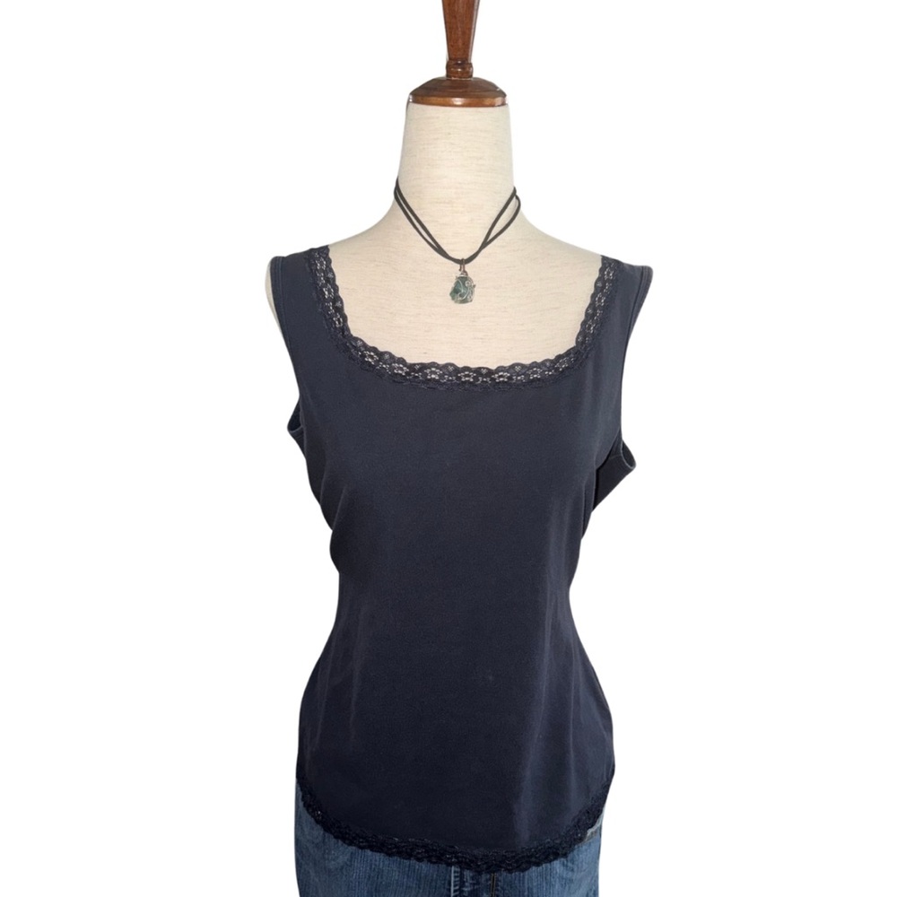 Y2K Navy Lace‎ Trim Cami Tank Large Stretch Cotton Layering Camisole 2000s